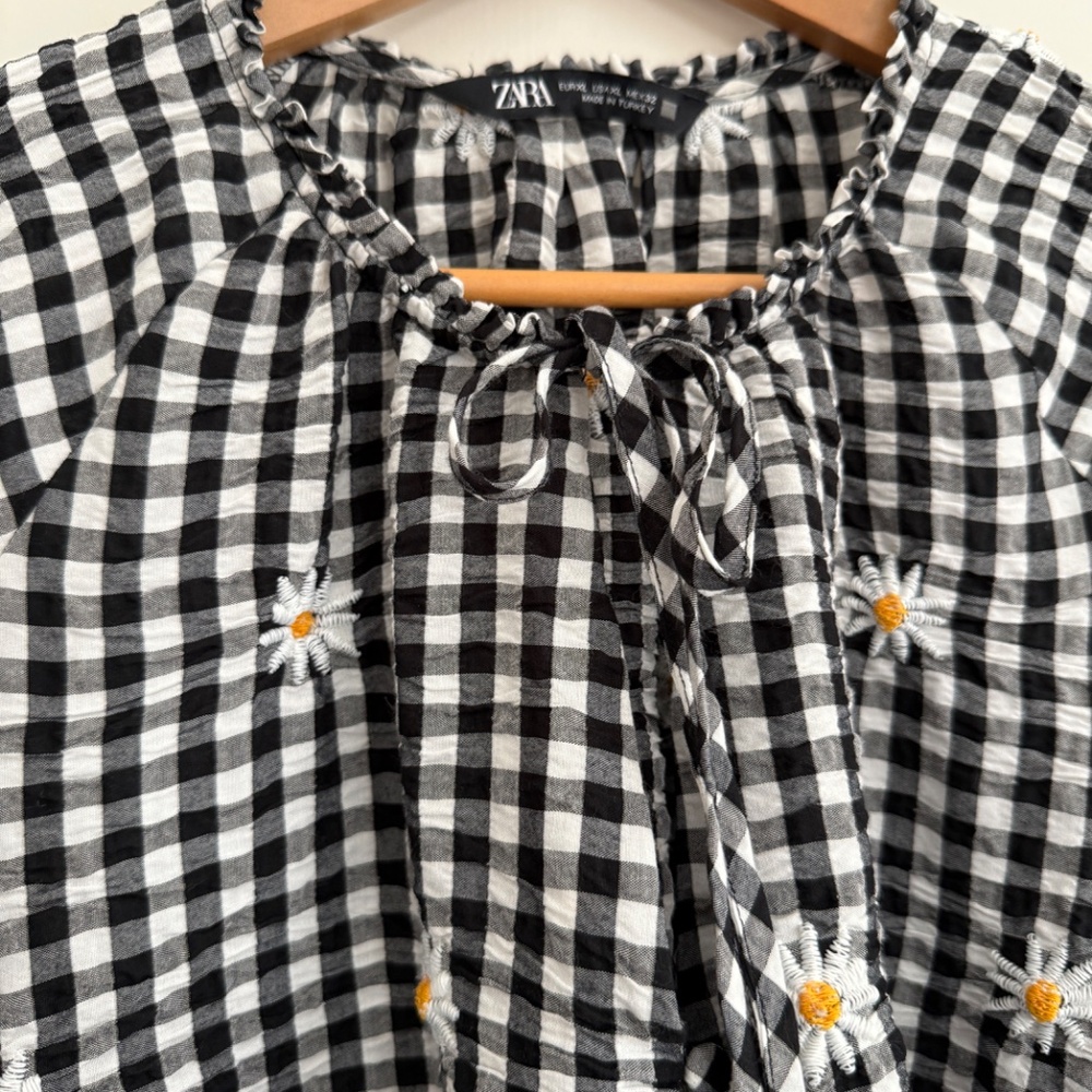 Zara Daisy Embroidered Checkered Tunic Dress with Ties XL - Picture 7 of 8